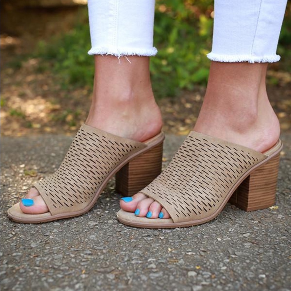 Perforated Open Toe Block Heel Mule